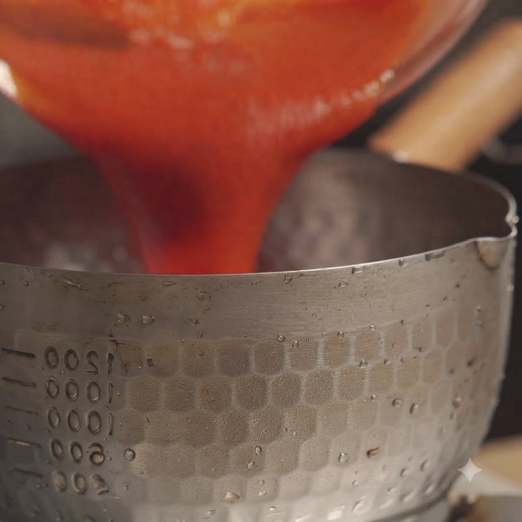 Pürierte Ananassauce wird aus einem Glasbehälter in einen Metalltopf gegossen.
