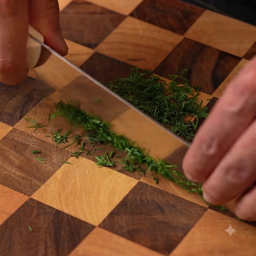Frischer Dill wird mit einem Messer auf einem Holzschneidebrett fein gehackt.