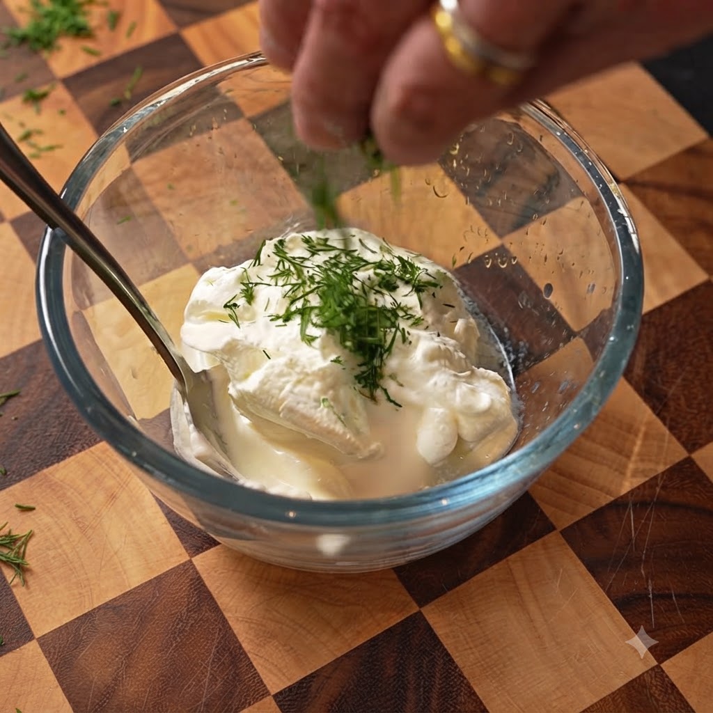 Frisch gehackter Dill wird zu Sauerrahm in einer Glas-Rührschüssel gegeben.