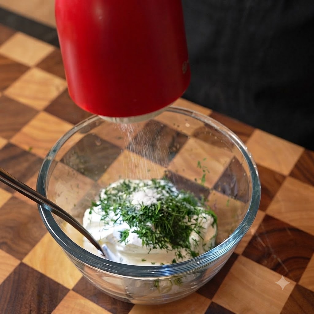 Salz und schwarzer Pfeffer werden aus einer roten Mühle über eine Schüssel mit Sauerrahm und Dill gemahlen.