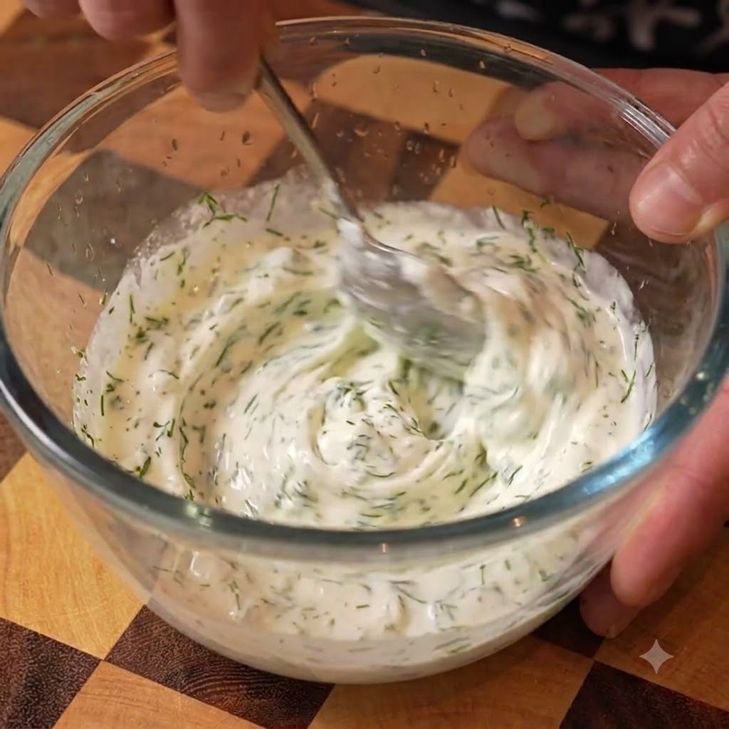 Sauerrahm, Zitronensaft, Dill und Gewürze werden in einer Schüssel mit einem Löffel verrührt.