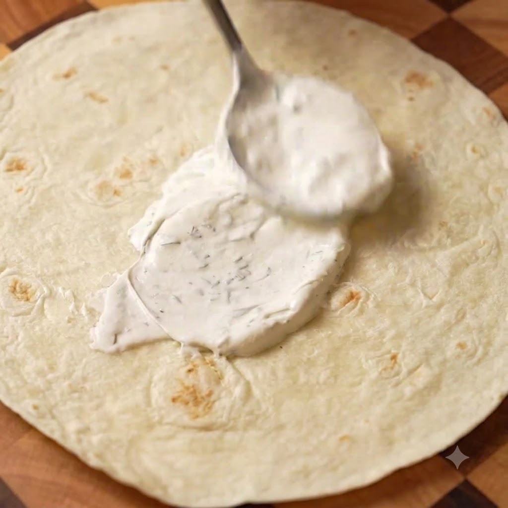 Eine dünne, gleichmäßige Schicht Dill-Sauerrahm wird auf einen flachen Weizenwrap gestrichen.