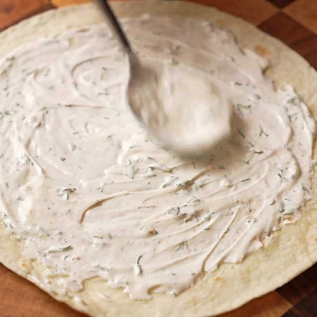 Dill-Sauerrahm-Sauce wird mit einem Löffel gleichmäßig auf einem Weizenwrap verteilt.