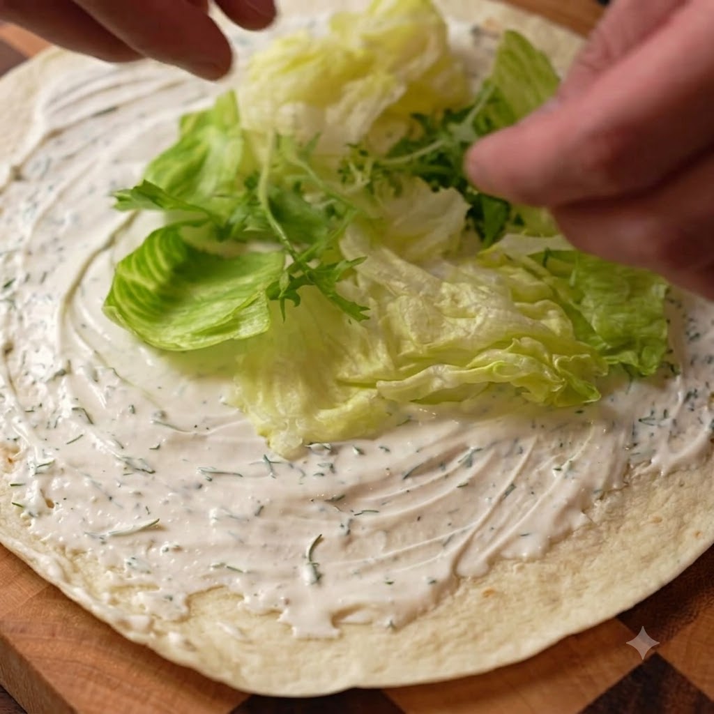Frischer, gemischter Blattsalat wird über der Creme auf einem Weizenwrap platziert.