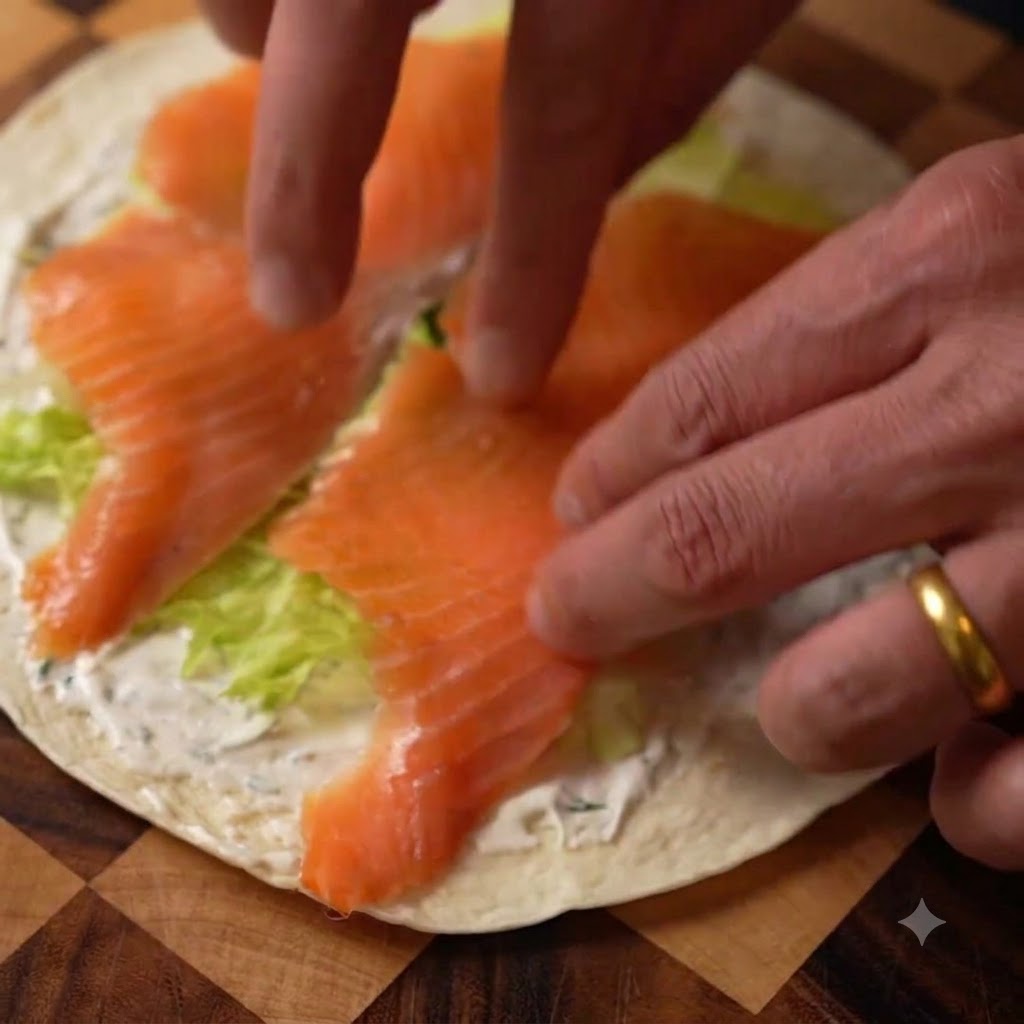 Scheiben von Rauchlachs werden auf dem Blattsalat angeordnet.