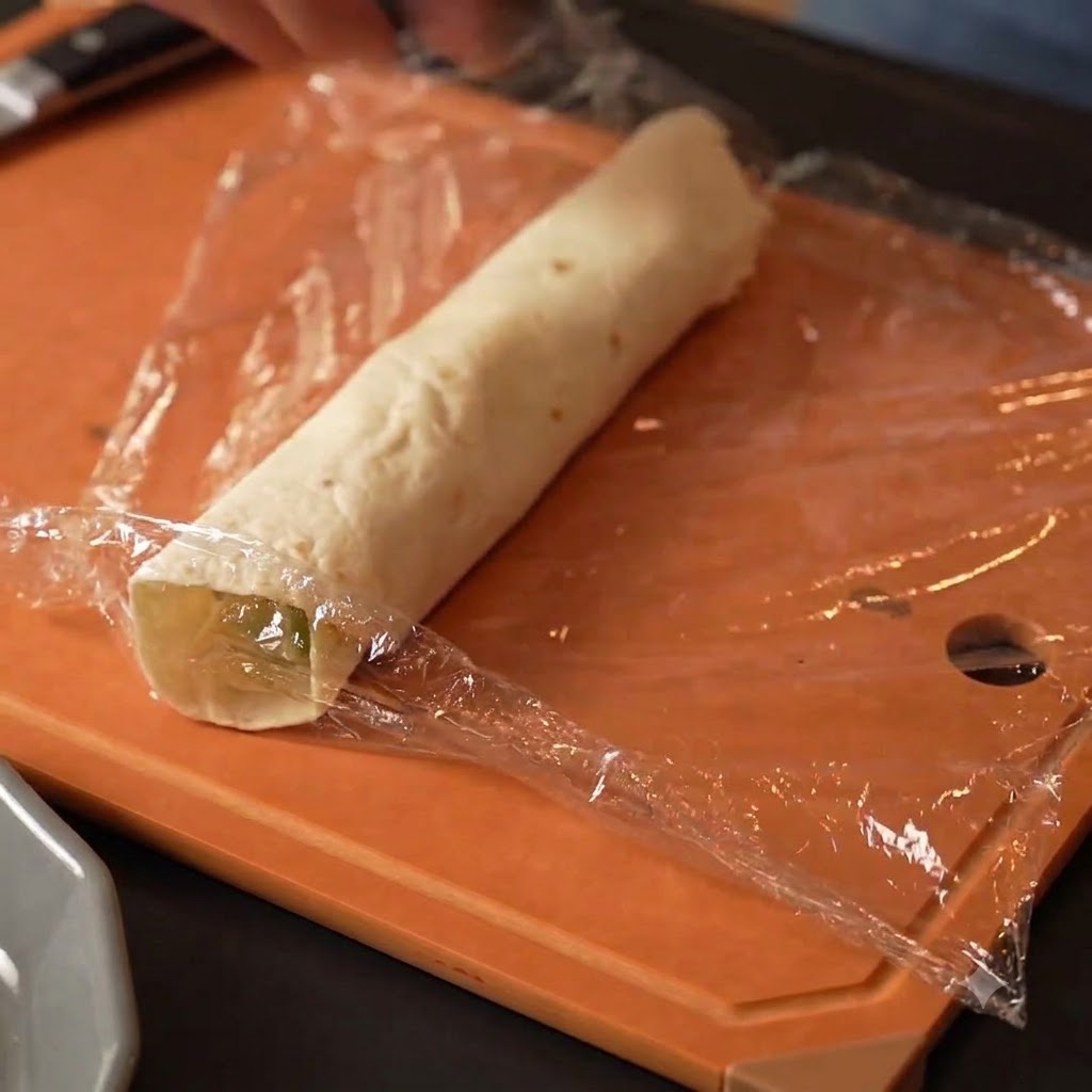 Ein eingerollter Weizenwrap wird sicher in Plastikfolie auf einem orangen Schneidebrett eingewickelt.