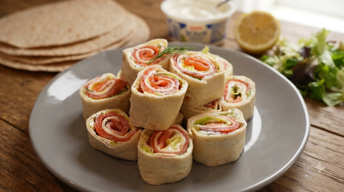 Rauchlachs-Salat-Wraps (Dill-Frischkäse-Schnecken)