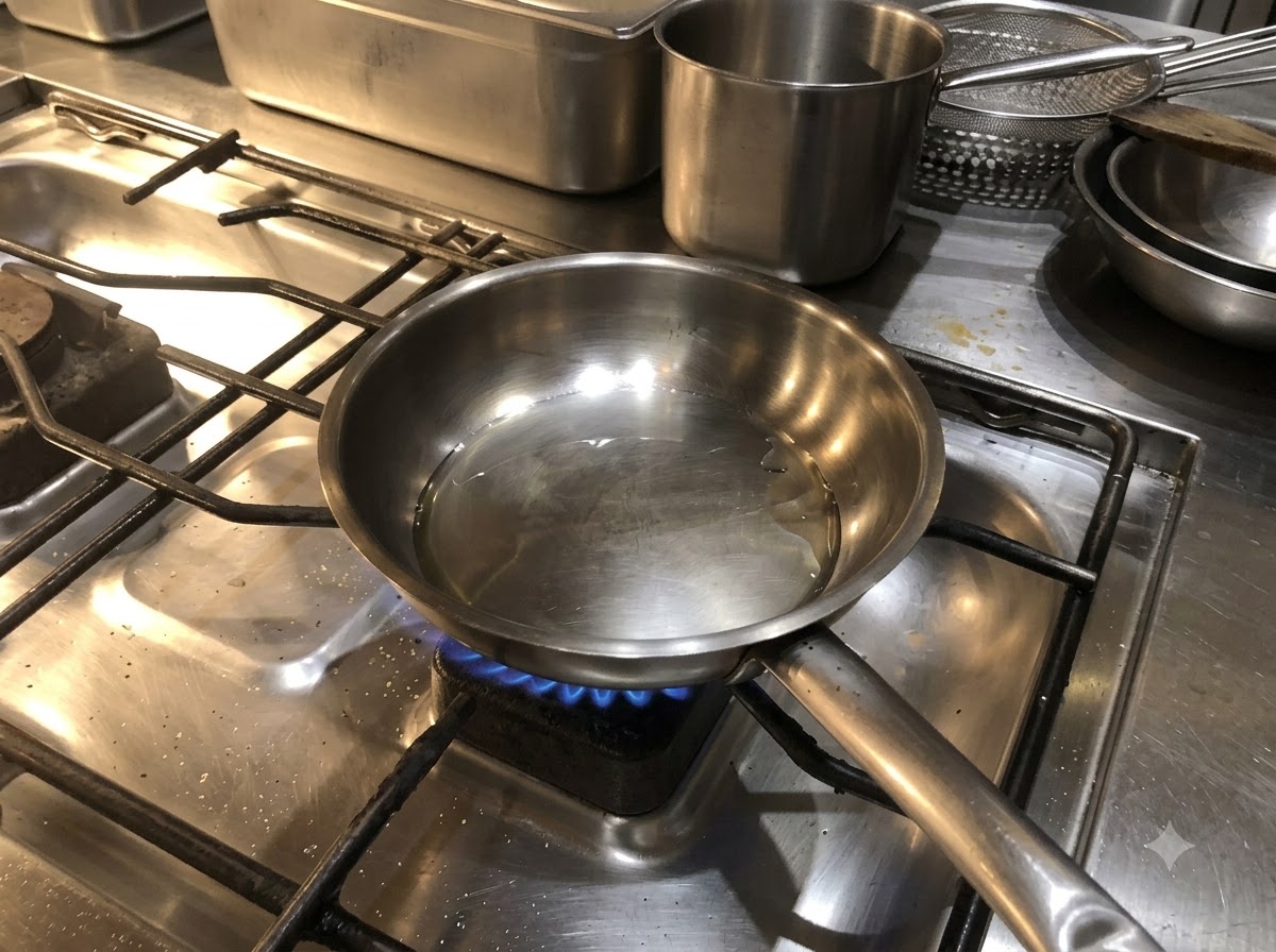 Geschnittene Zwiebelstreifen werden in eine heiße Edelstahlpfanne mit Öl gegeben.
