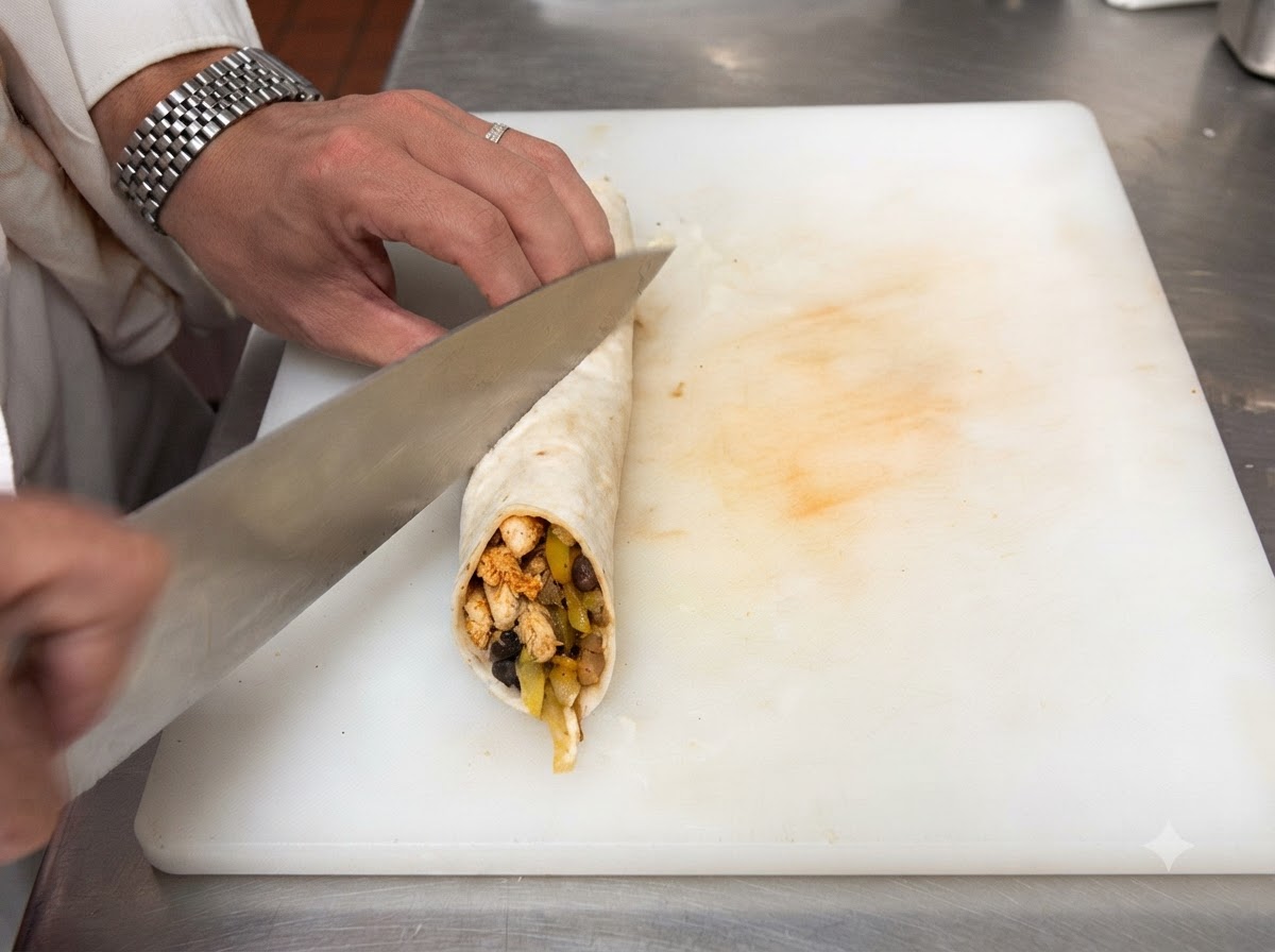 Mayonnaise wird mit einem Spatel gleichmäßig auf einem ausgebreiteten Weizentortilla verteilt.