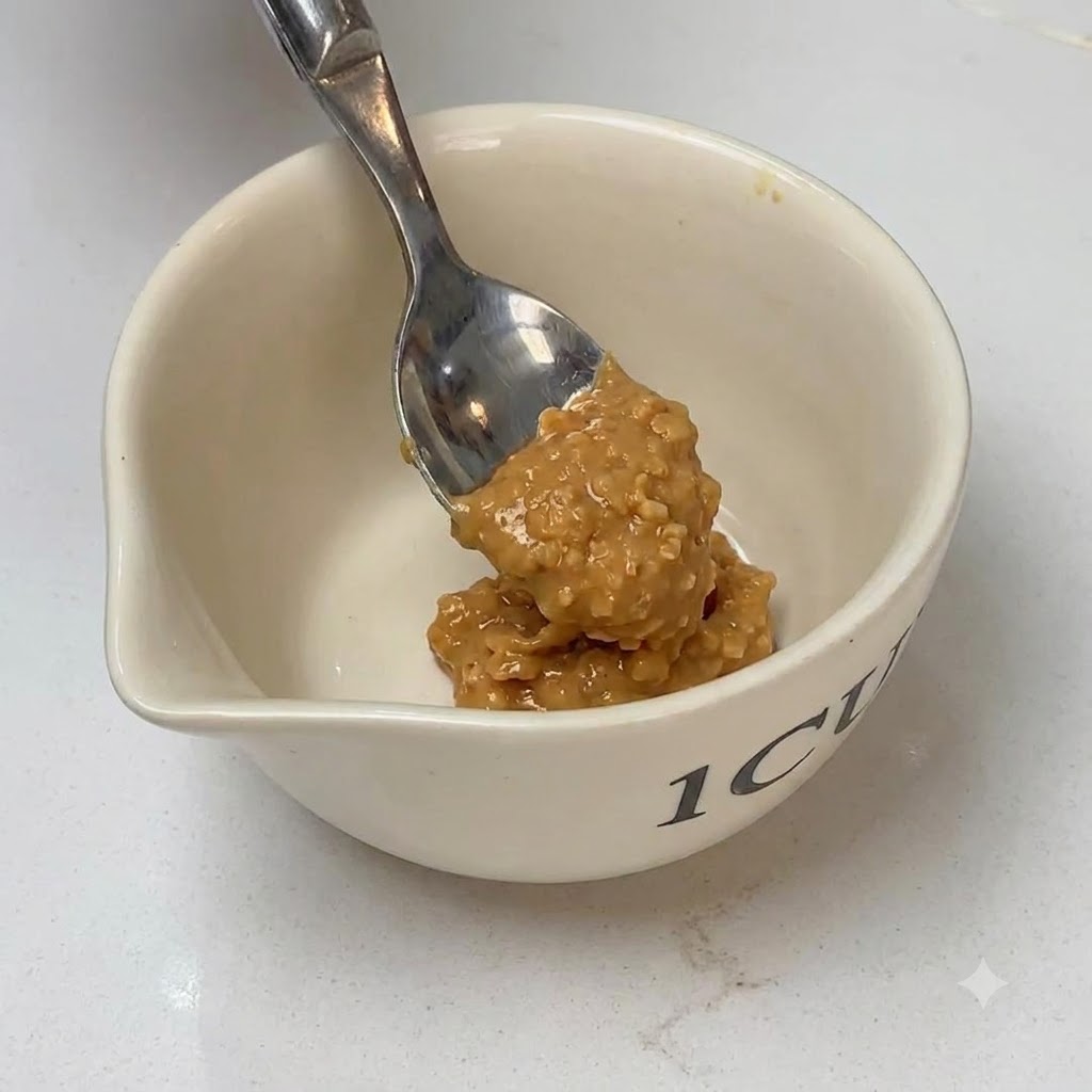 Crunchige Erdnussbutter wird mit Honig, Chiliöl und Wasser in einer kleinen Schüssel vermischt.