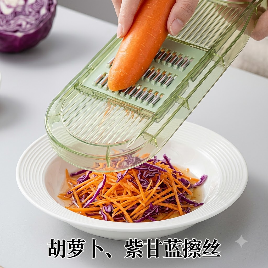Karotten und Rotkohl werden mit einem Gemüseschäler oder Raspel in eine weiße Schüssel geraspelt.