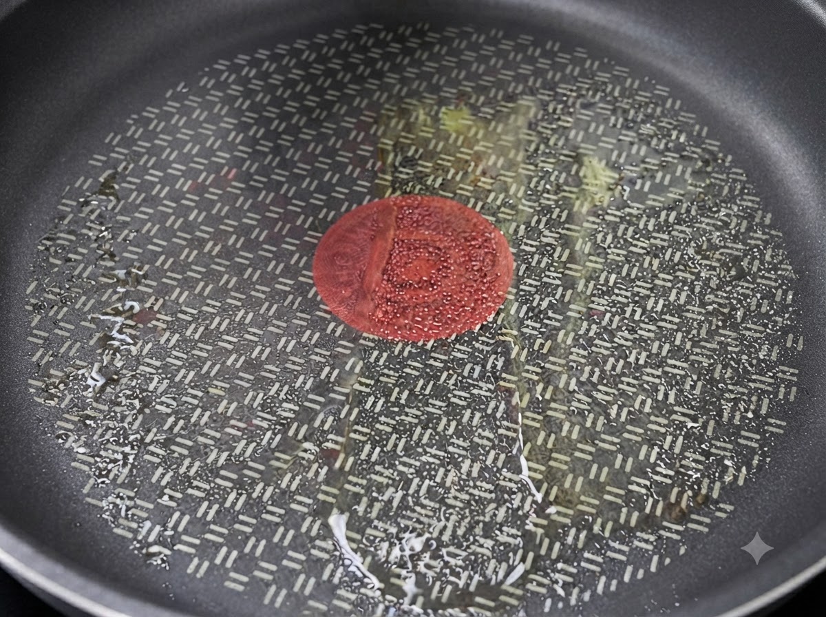 Eine heiße Bratpfanne mit Öl, vorbereitet zum Anbraten von Hähnchenbruststreifen.