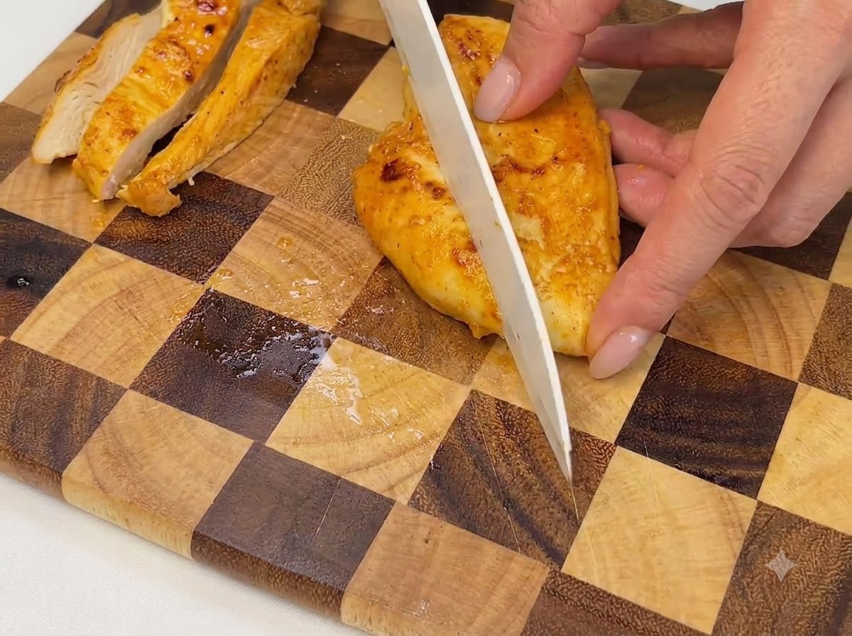 Eine gegarte Hähnchenbrust wird auf einem karierten Holzschneidebrett in Stücke geschnitten.