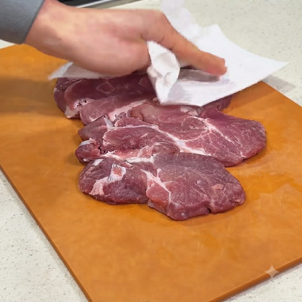 Schweineschulter wird auf einem Schneidebrett aus Holz mit Papiertüchern trocken getupft.