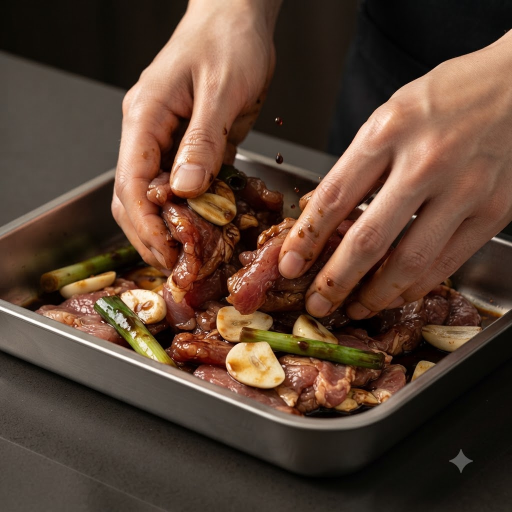 Hände massieren die Schweinekoteletts gründlich mit Marinade in einer Metallschale und überziehen sie damit.