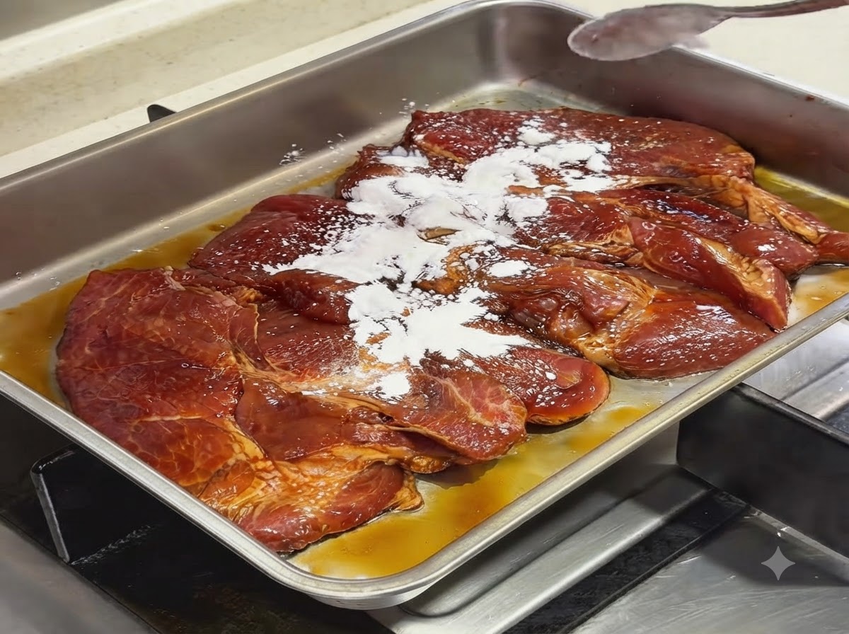 Weiße Stärke wird über marinierte Schweinekoteletts gestreut, die in einer Metallschale liegen.