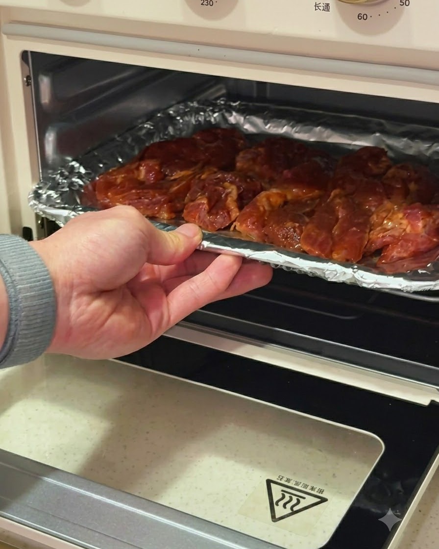 Eine Hand schiebt ein Backblech mit Schweinekoteletts in einen Heißluftfritteusen-Ofen.