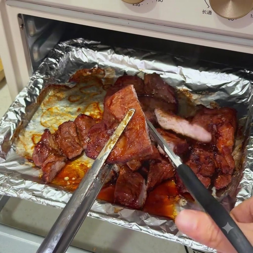 Gekochte Schweinekoteletts werden mit einer Küchenschere in mundgerechte Stücke geschnitten und zeigen einen saftigen rosa Kern.