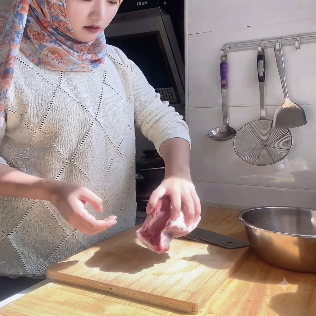 Hände schneiden rohes Rinderfilet mit einem Beil auf einem Holzschneidebrett in Scheiben.