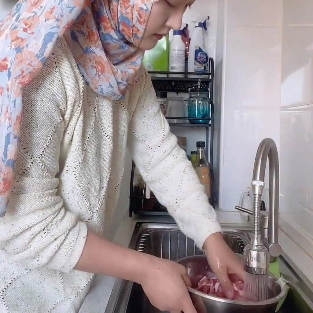 In einer Edelstahlschüssel mit frischem Wasser unter einem laufenden Wasserhahn eingeweichtes Rindfleisch.