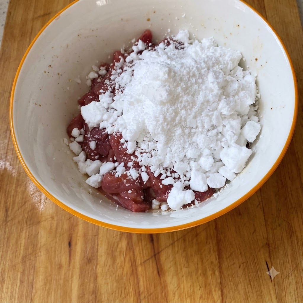 Eine großzügige Menge Kartoffelstärke auf gewürzten rohen Rindfleischstücken in einer Schüssel.