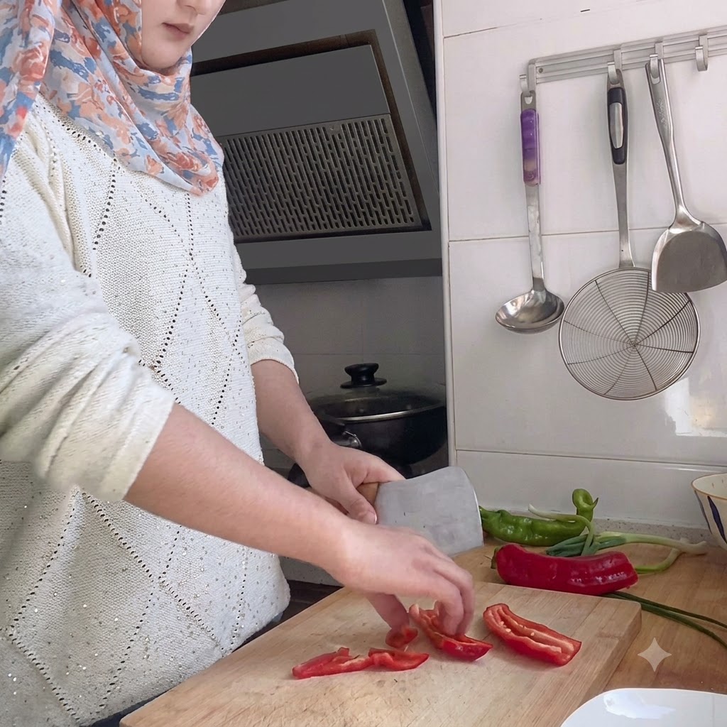 Rote und grüne Chilischoten werden auf einem Holzschneidebrett in kleine Stücke geschnitten.