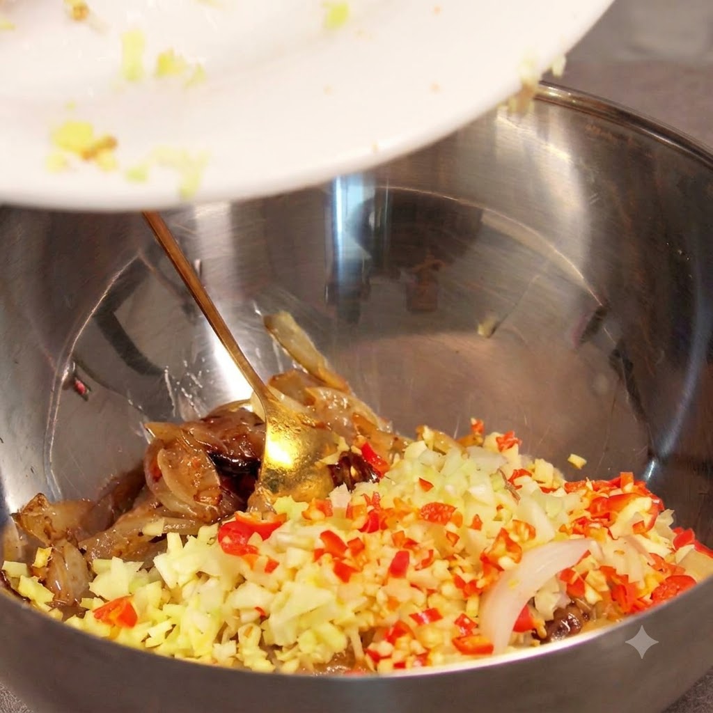 Gehackter Knoblauch und Chilischoten werden von einem weißen Teller in eine Rührschüssel aus Metall mit gekochten Zwiebeln geschabt.