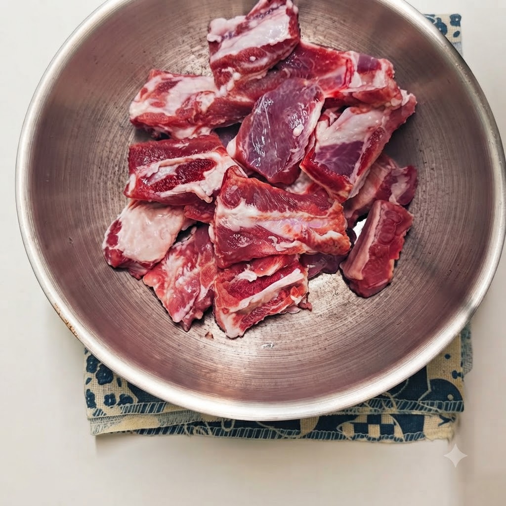 Rohe Schweinerippchenstücke in einer Schüssel mit verschiedenen flüssigen und pulverförmigen Gewürzen sowie aromatischen Zugaben obenauf.