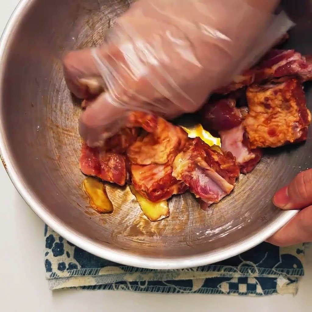 Eine behandschuhte Hand massiert und vermischt rohe Schweinerippchen mit der Marinade und Ingwerscheiben in einer Edelstahlschüssel.