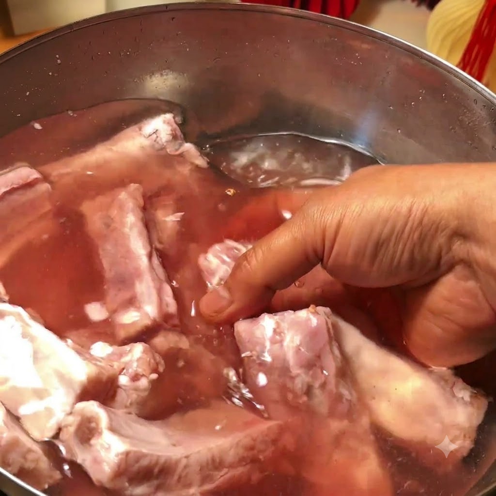 Schweinerippchen in einer Metallwanne mit klarem Wasser beim Einweichen.
