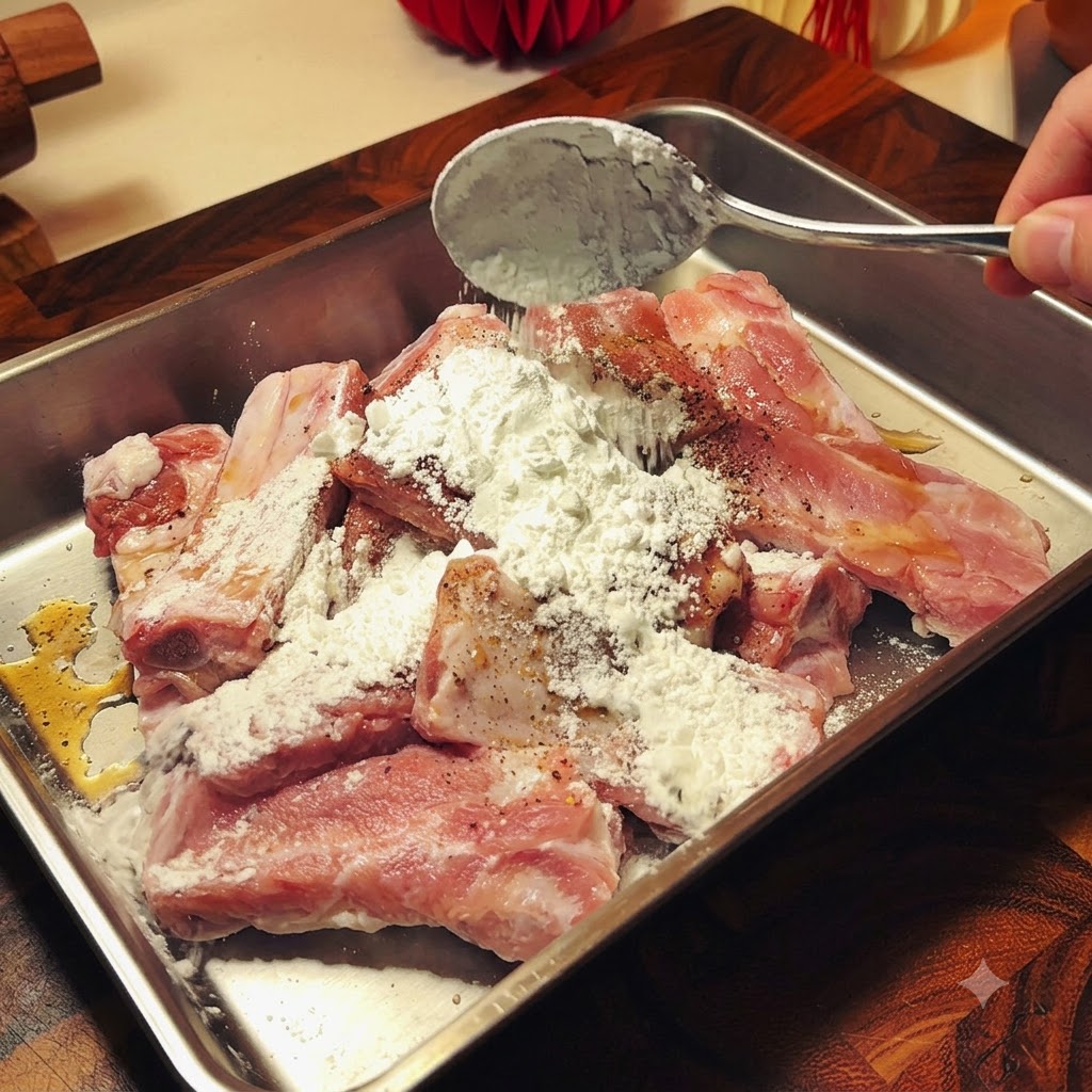 Hinzufügen von Gewürzen, Stärke und einem Ei auf rohe Schweinerippchen in einer Metallwanne.