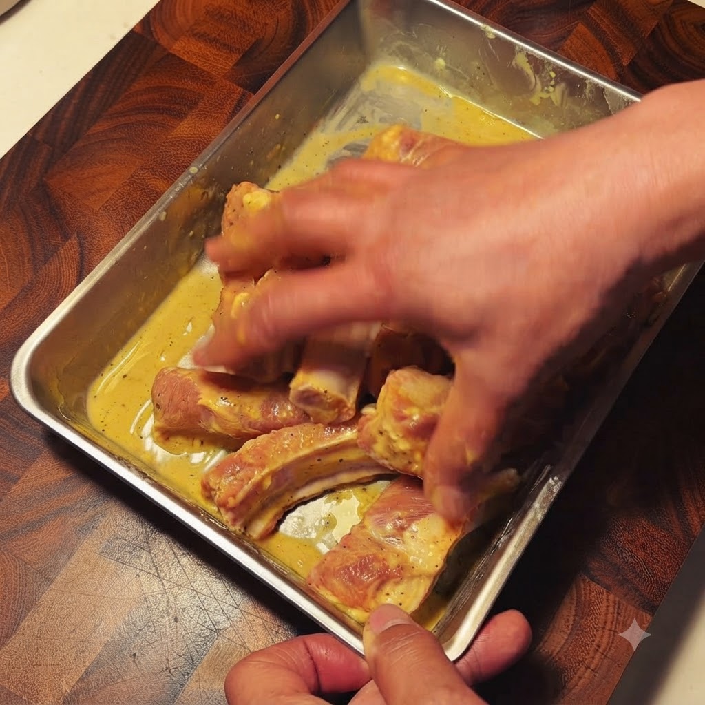 Hände vermengen die Gewürze und Zutaten gründlich mit den Schweinerippchen.