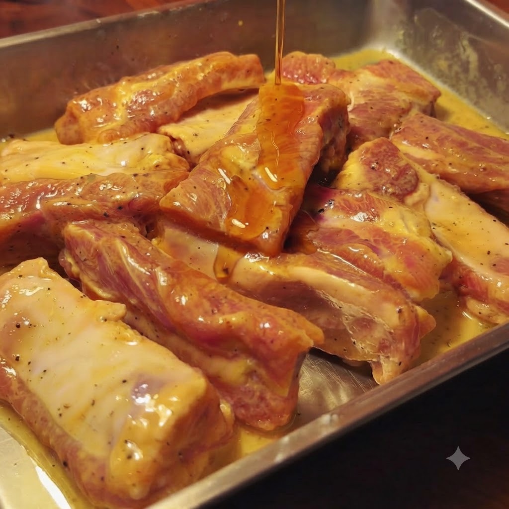 Sesamöl wird über die marinierten Schweinerippchen gegossen.