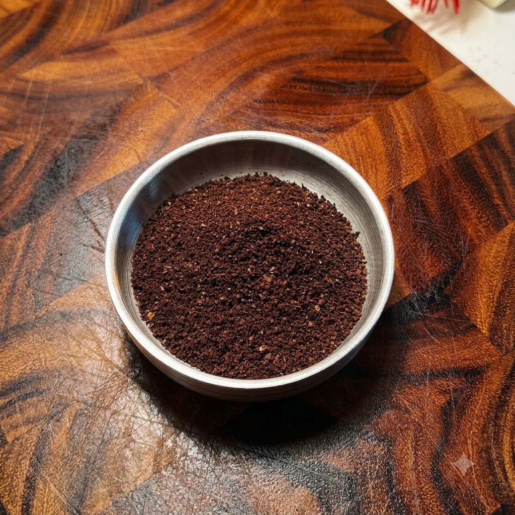 Frisch gemahlenes Kaffeepulver wird aus einer manuellen Mühle in eine kleine Metallschüssel gefüllt.