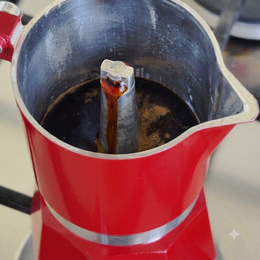 Frischer, dunkler Kaffee brüht durch die zentrale Metallsäule einer roten Mokkakanne.