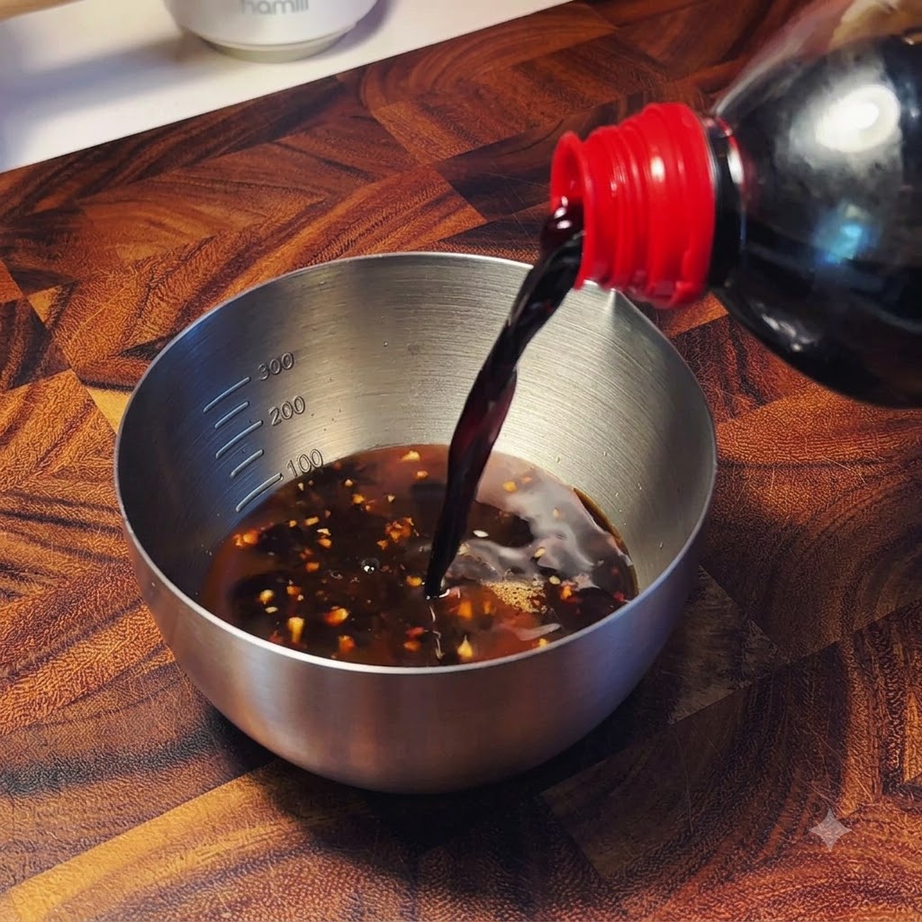 Dunkle Sojasauce wird aus einer Flasche in eine edelstählerne Schüssel mit gemischter Flüssigkeit und Gewürzen gegossen.