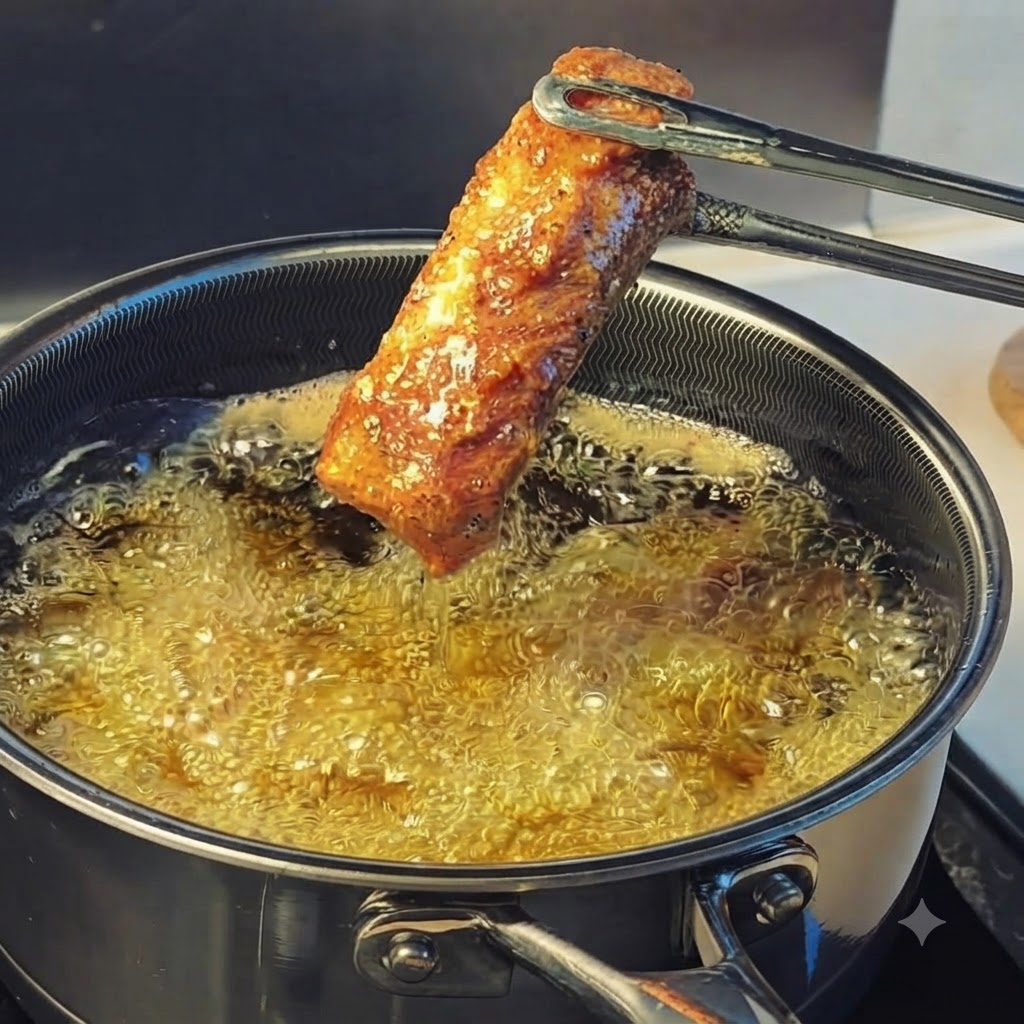 Ein einzelnes goldbraun frittiertes Schweinerippchen wird mit einer Metallzange über blubberndem heißen Öl gehalten.