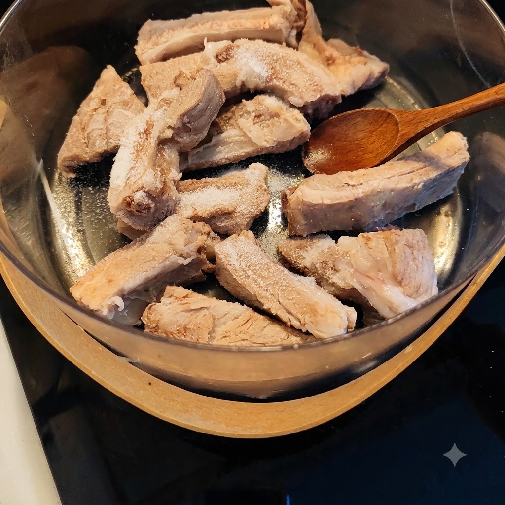 Ein Holzlöffel liegt über blanchierten Schweinerippchen, die mit Salz und Gewürzen in einem Topf bestreut sind.