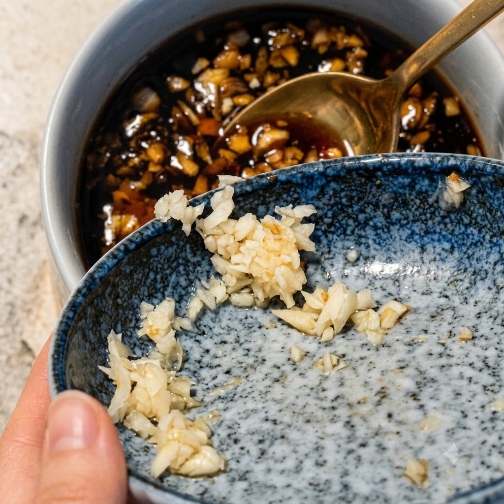 Ein goldener Löffel rührt eine dunkle Kaffee-Knoblauch-Soßenmischung in einer kleinen Keramiktasse um.