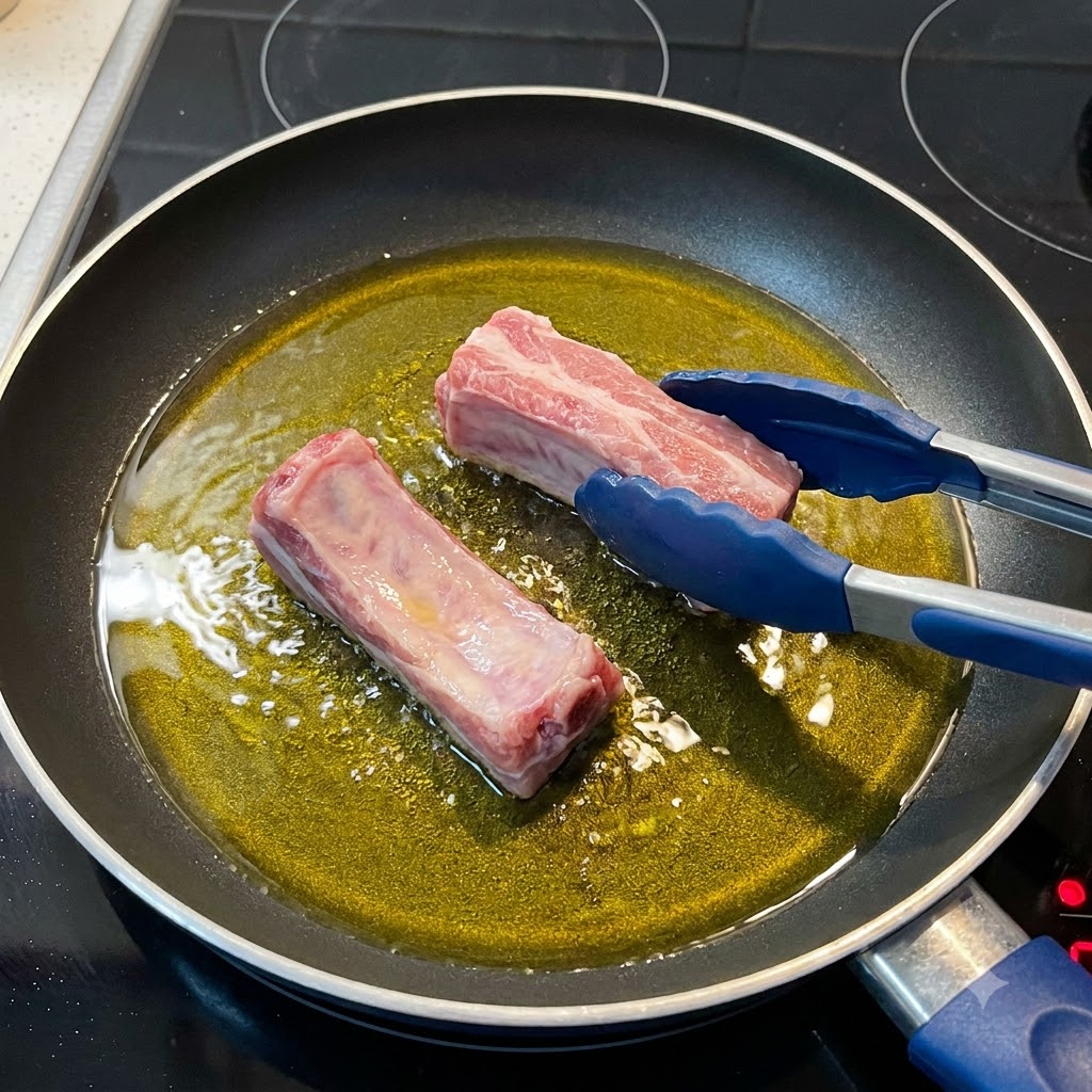 Blaue Silikonzangen legen marinierte Schweinerippchenstücke in eine heiße Pfanne mit Olivenöl.
