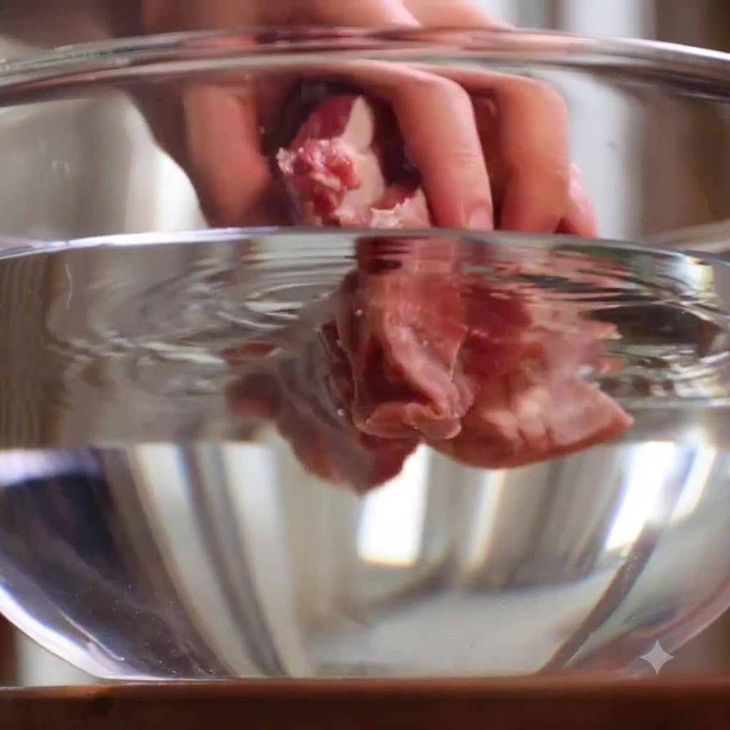 Frische Schweinerippchen in einer klaren Glasschüssel gefüllt mit sauberen Wasser eingetaucht.