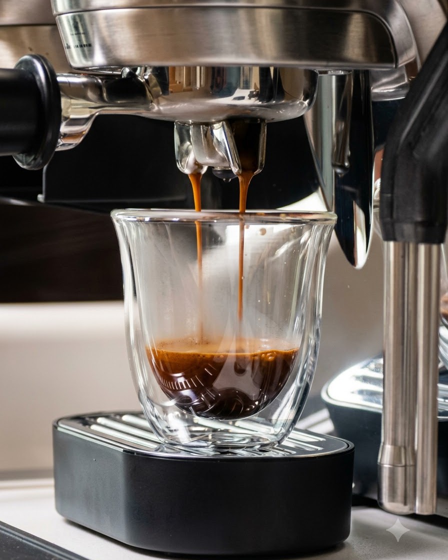 Reiche Espresso-Ströme fließen aus einem Kaffeemaschinen-Siebträger in eine doppelwandige Glasklasse.