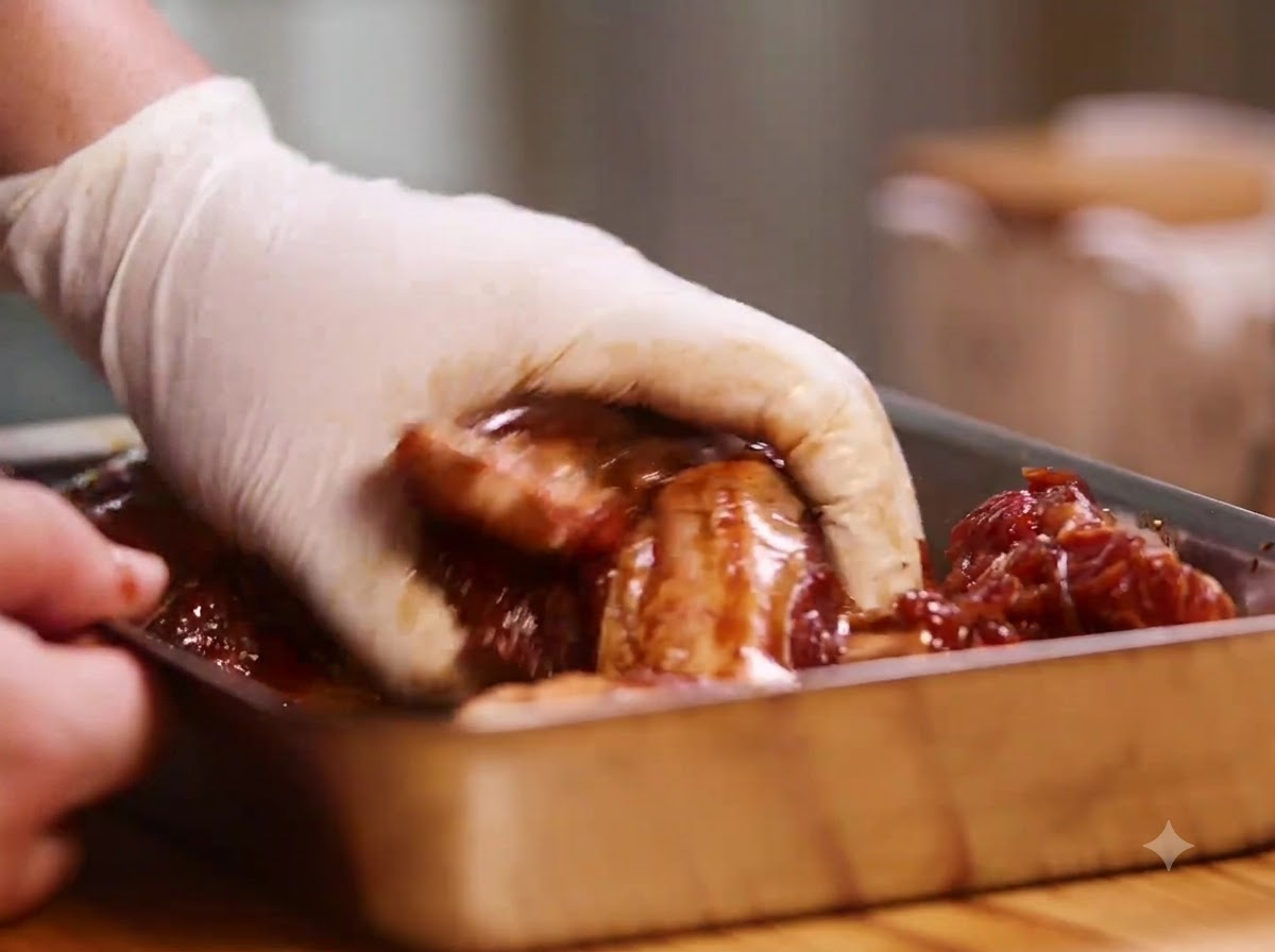 Bedeckte Hände massieren dunkle Marinade und Espresso in Schweinerippchen in einem Metallbehälter ein.