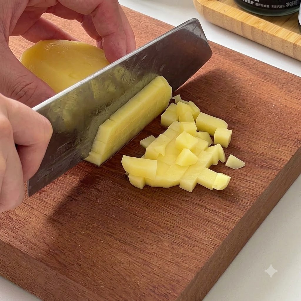 Eine geschälte gelbe Kartoffel wird mit einem Beil auf einem Holzschneidebrett in kleine Würfel geschnitten.