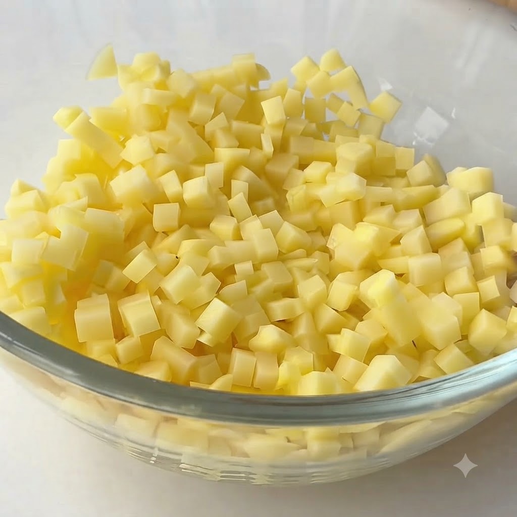 Gewürfelte Kartoffeln, die in einer Schüssel mit klarem Wasser einweichen und von einer handschuhbekleideten Hand gewaschen werden.