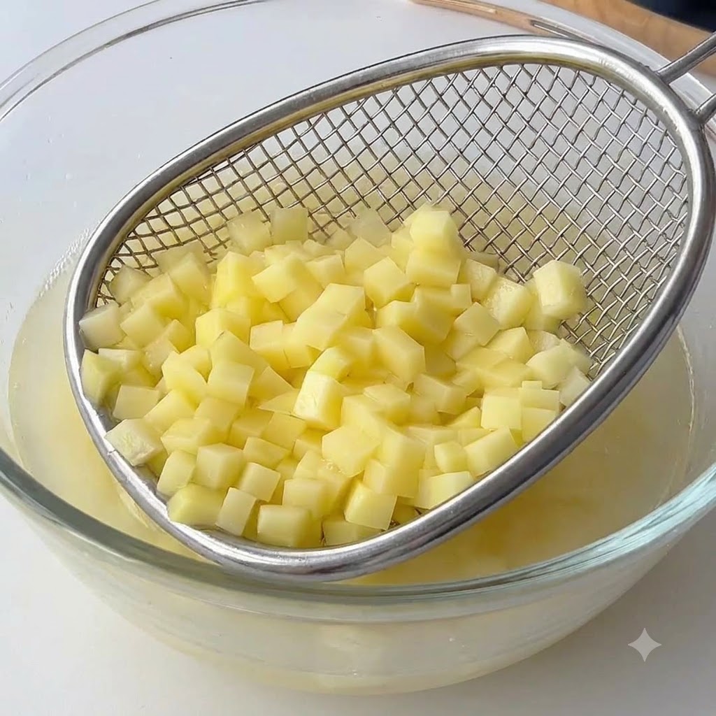 Gewürfelte Kartoffeln werden in eine weiße Pfanne gegeben, in der Butter schmilzt.