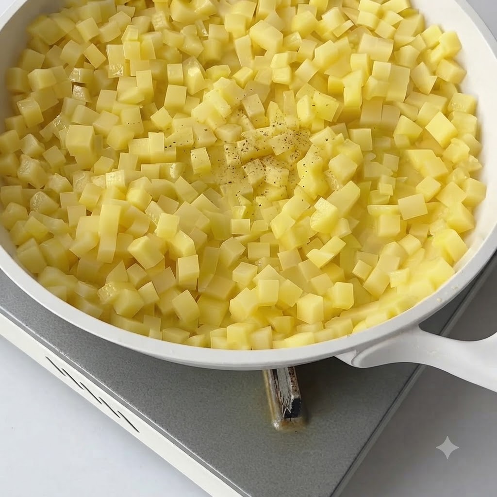 Schwarzer Pfeffer und schwarze Trüffelsauce werden in der Pfanne zu den Kartoffeln gegeben.