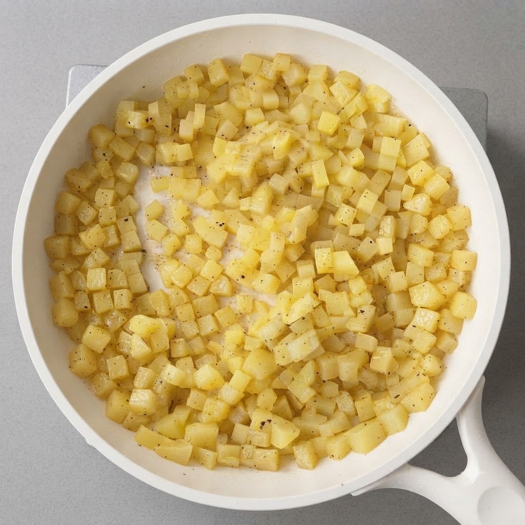 Speisestärke wird mit einem Spatel unter die Kartoffelmischung in der Pfanne gerührt.