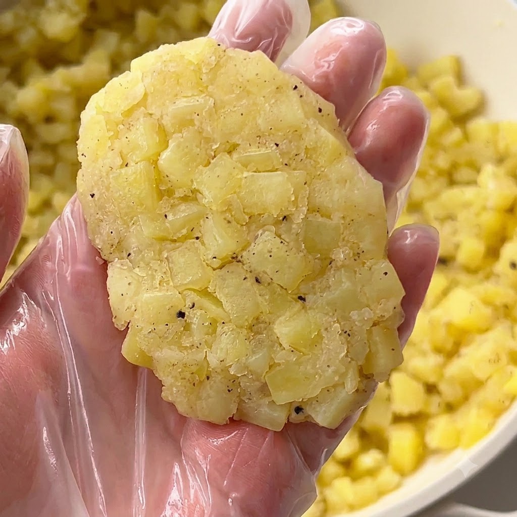 Handschuhbekleidete Hände formen die Kartoffelmischung zu einem ovalen Puffer.