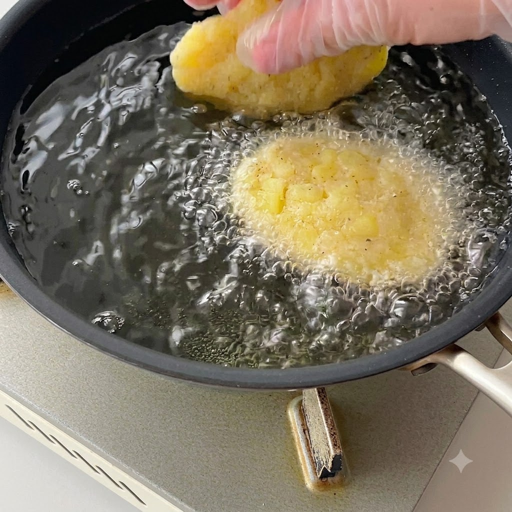 Geformte Kartoffelpuffer werden in sprudelnd heißes Öl in einer Bratpfanne gegeben.